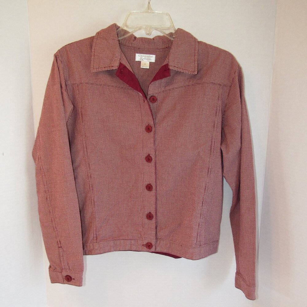 Christopher & Banks Burgundy Gingham Checked Button Up Lightweight Jacket Size S